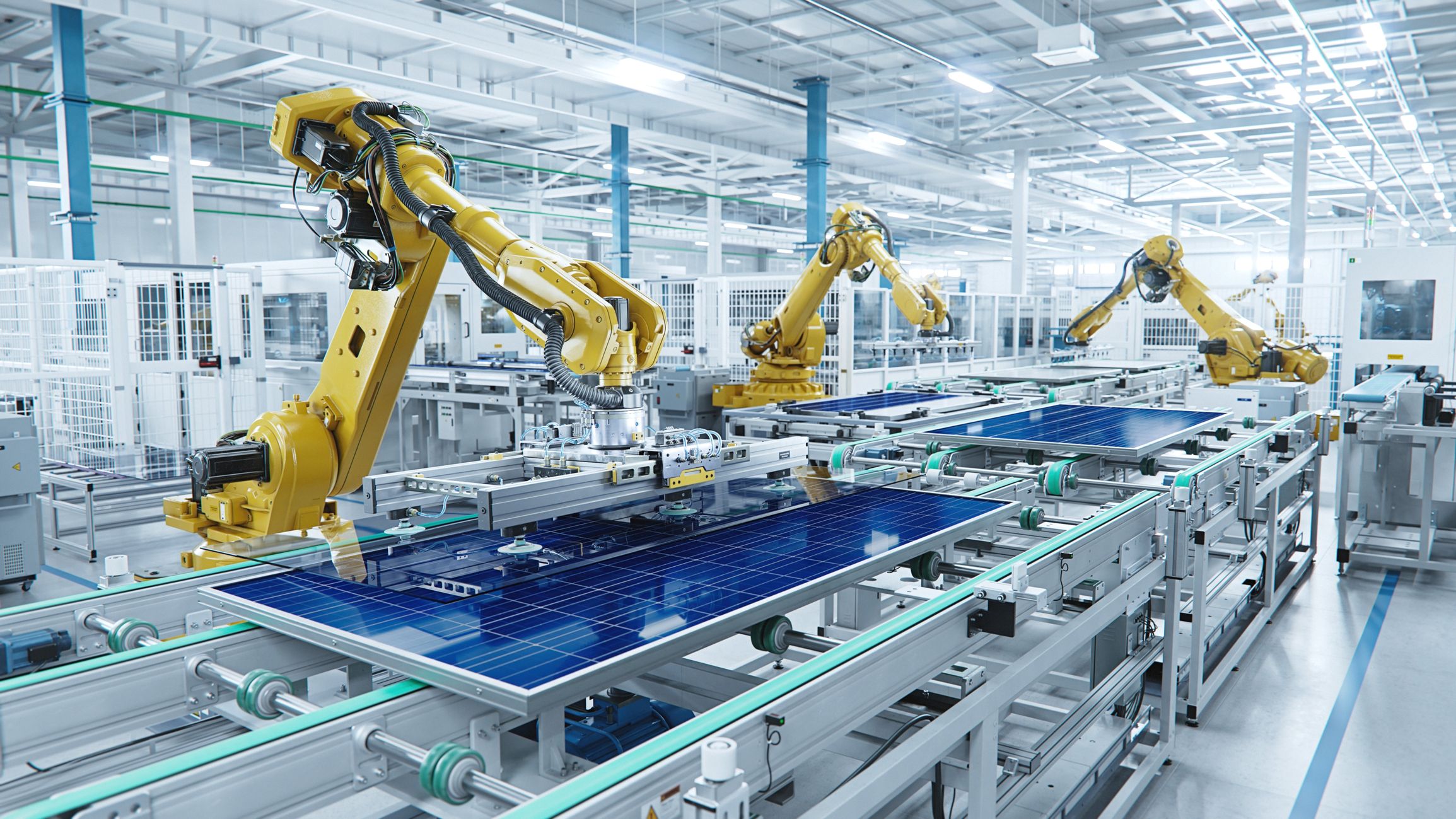Large Production Line with Industrial Robot Arms at Modern Bright Factory